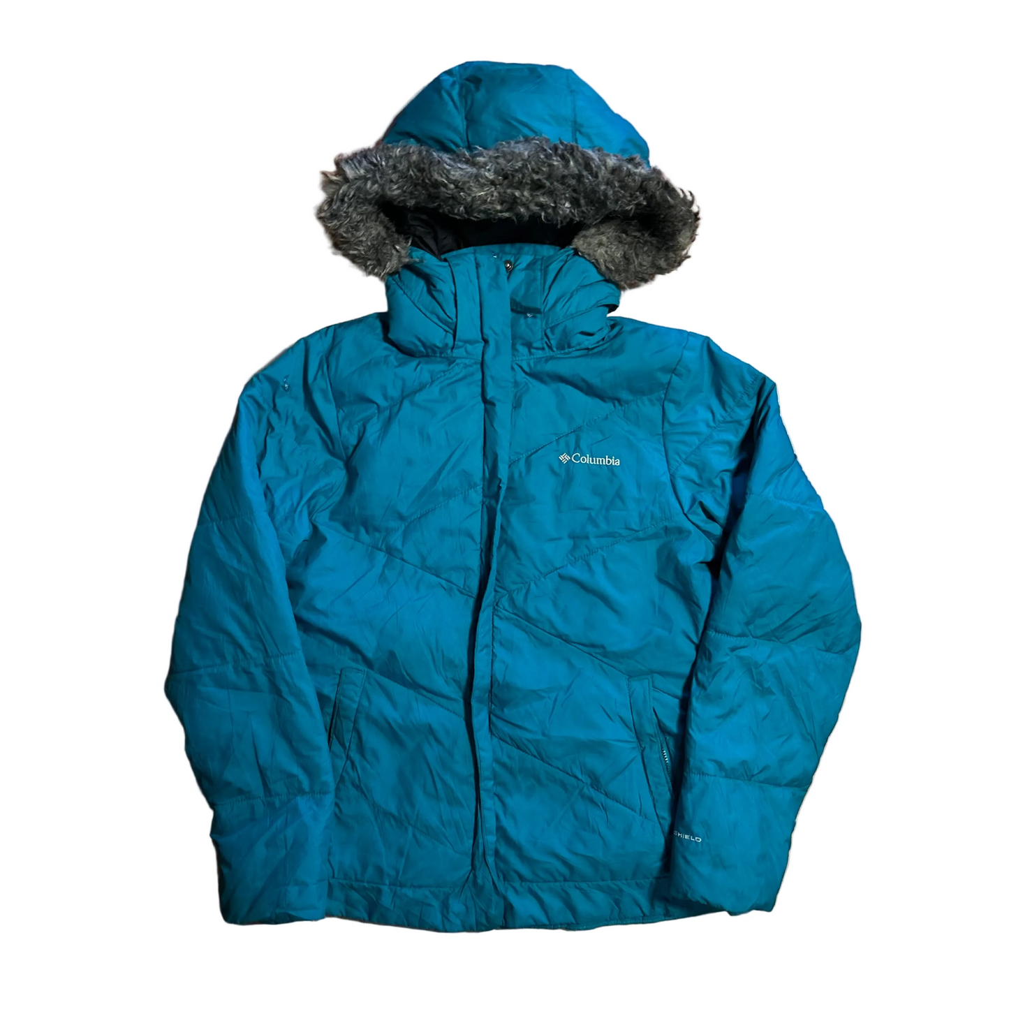 Columbia Teal Blue Green Zip Up Winter Jacket Puffer Coat - Small - 19" x 25"