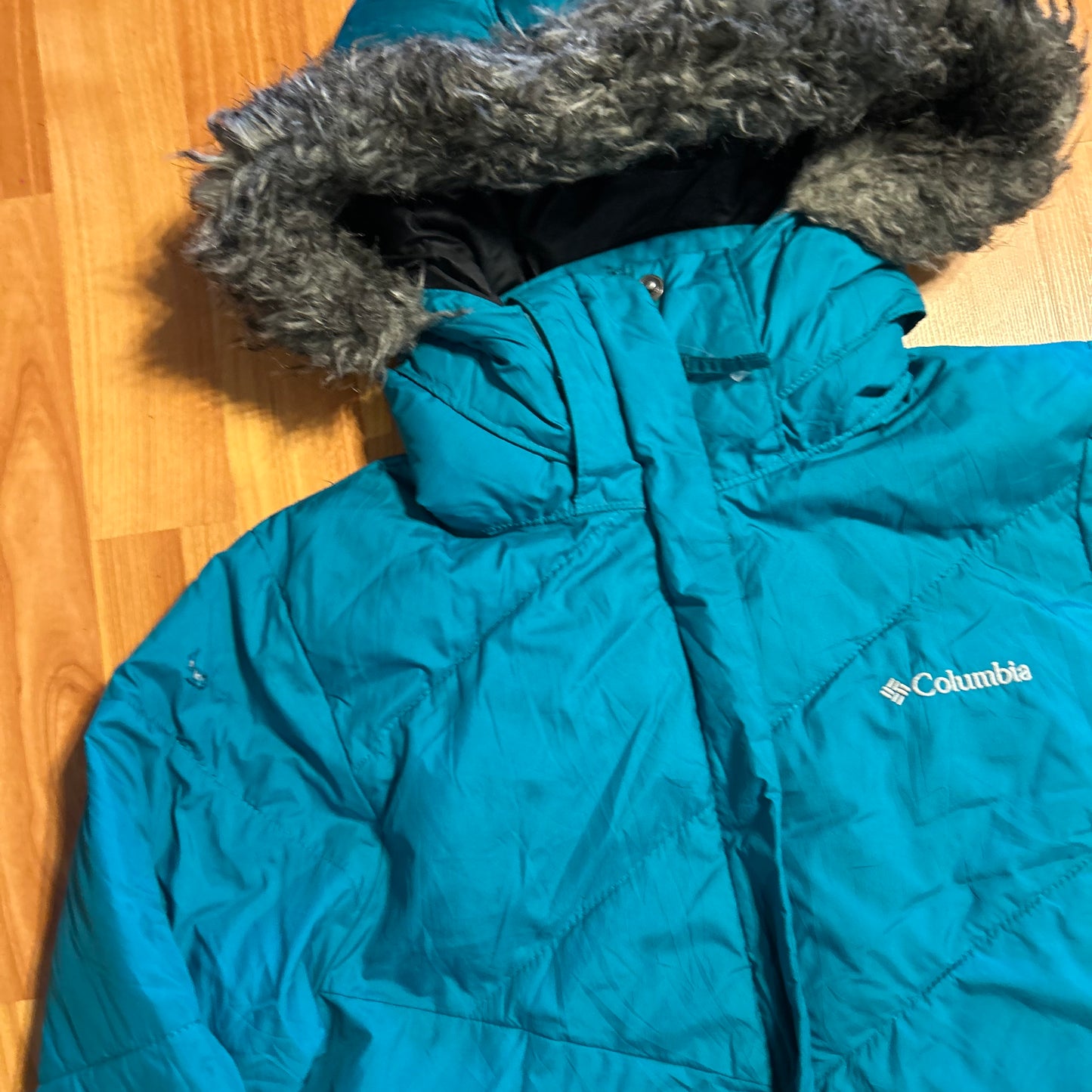 Columbia Teal Blue Green Zip Up Winter Jacket Puffer Coat - Small - 19" x 25"