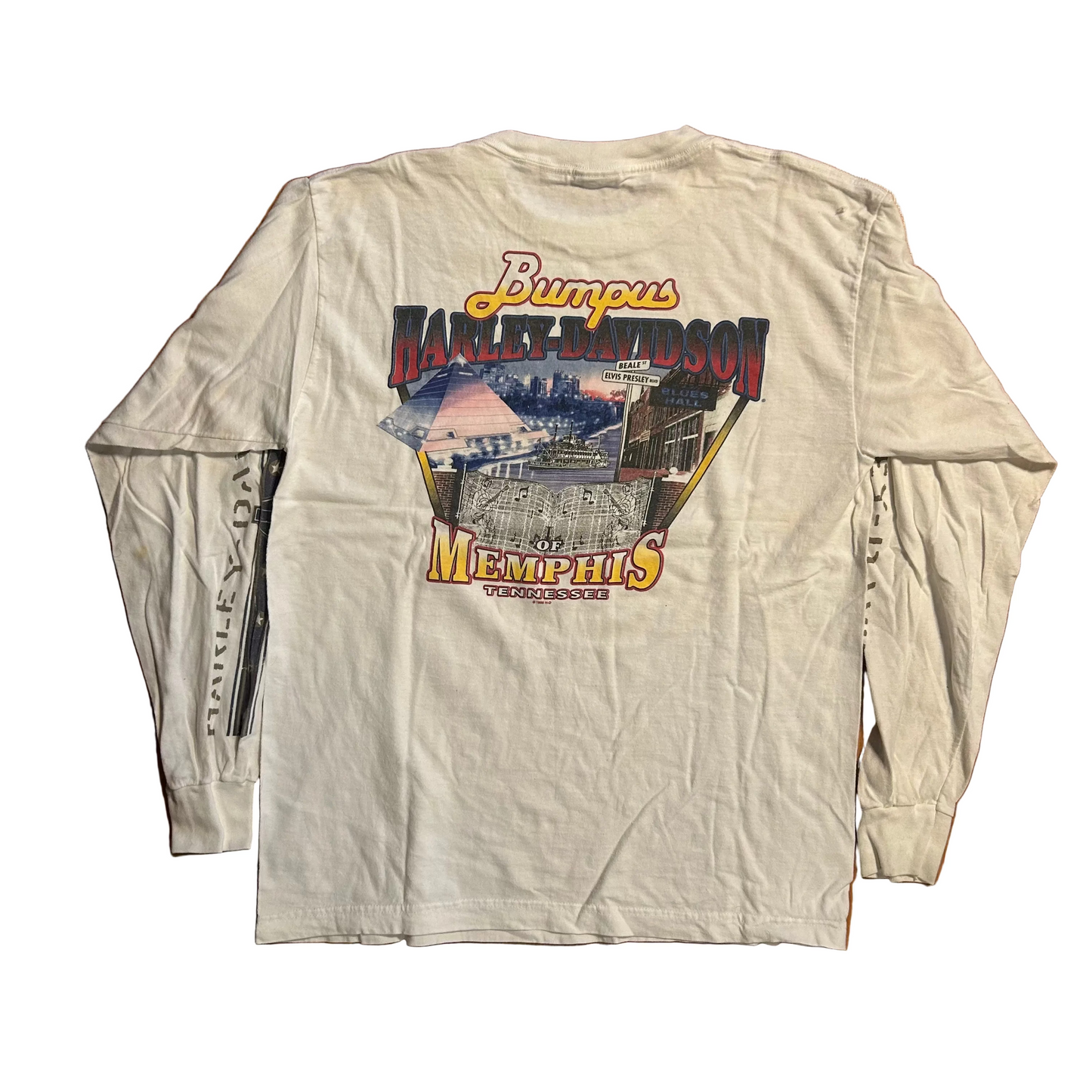 90’s Harley Davidson Motorcycles Memphis Tennessee Bumpus White Longsleeve Shirt - Medium - 21" x 28"