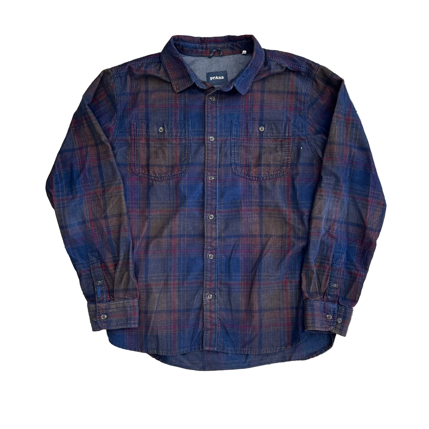 Prana Plaid Mini Corduroy Navy Blue Button Up Flannel Shirt - Large - 23" x 30"