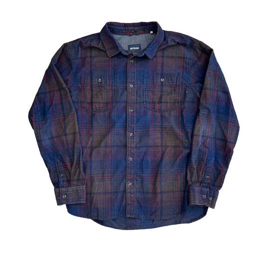 Prana Plaid Mini Corduroy Navy Blue Button Up Flannel Shirt - Large - 23" x 30"