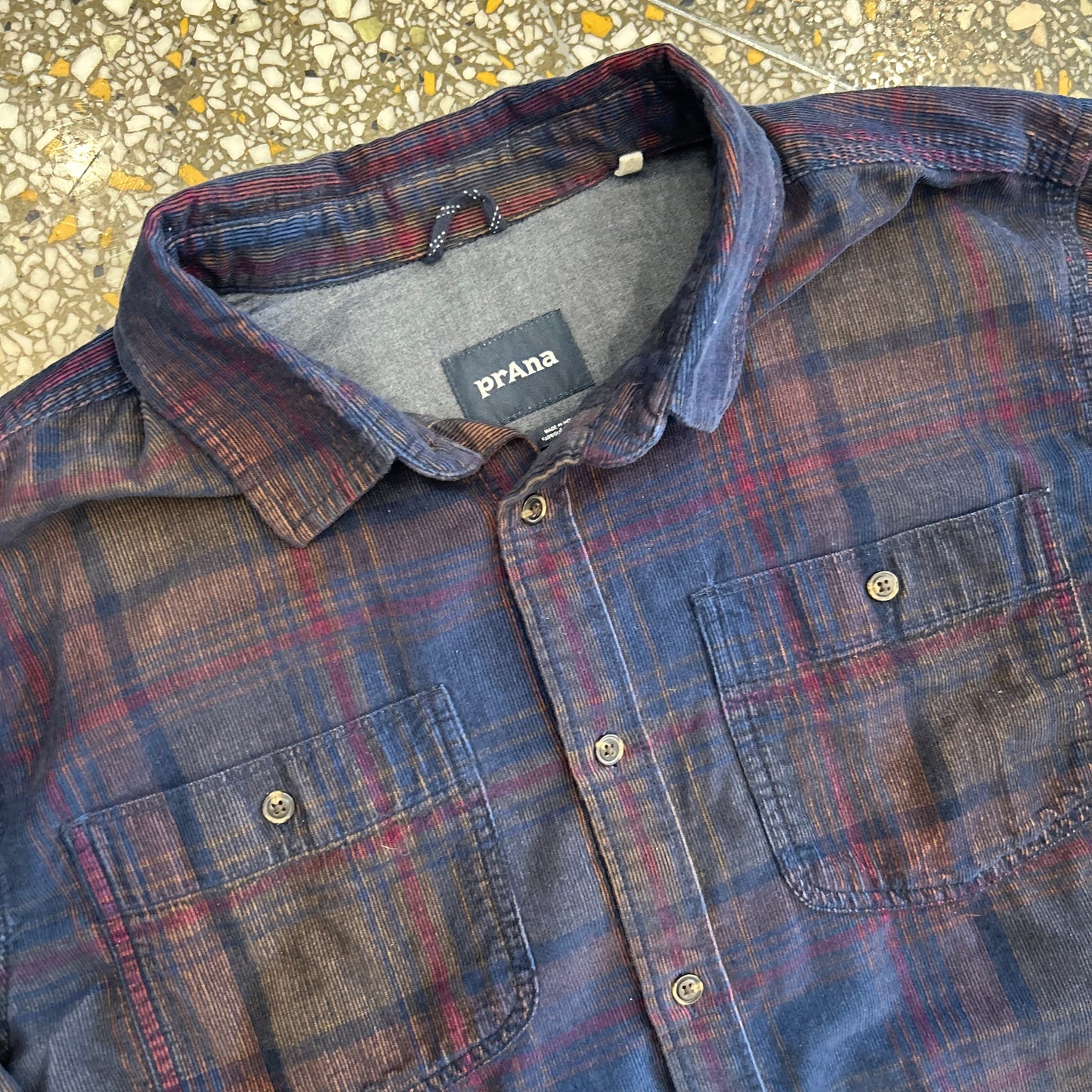 Prana Plaid Mini Corduroy Navy Blue Button Up Flannel Shirt - Large - 23" x 30"