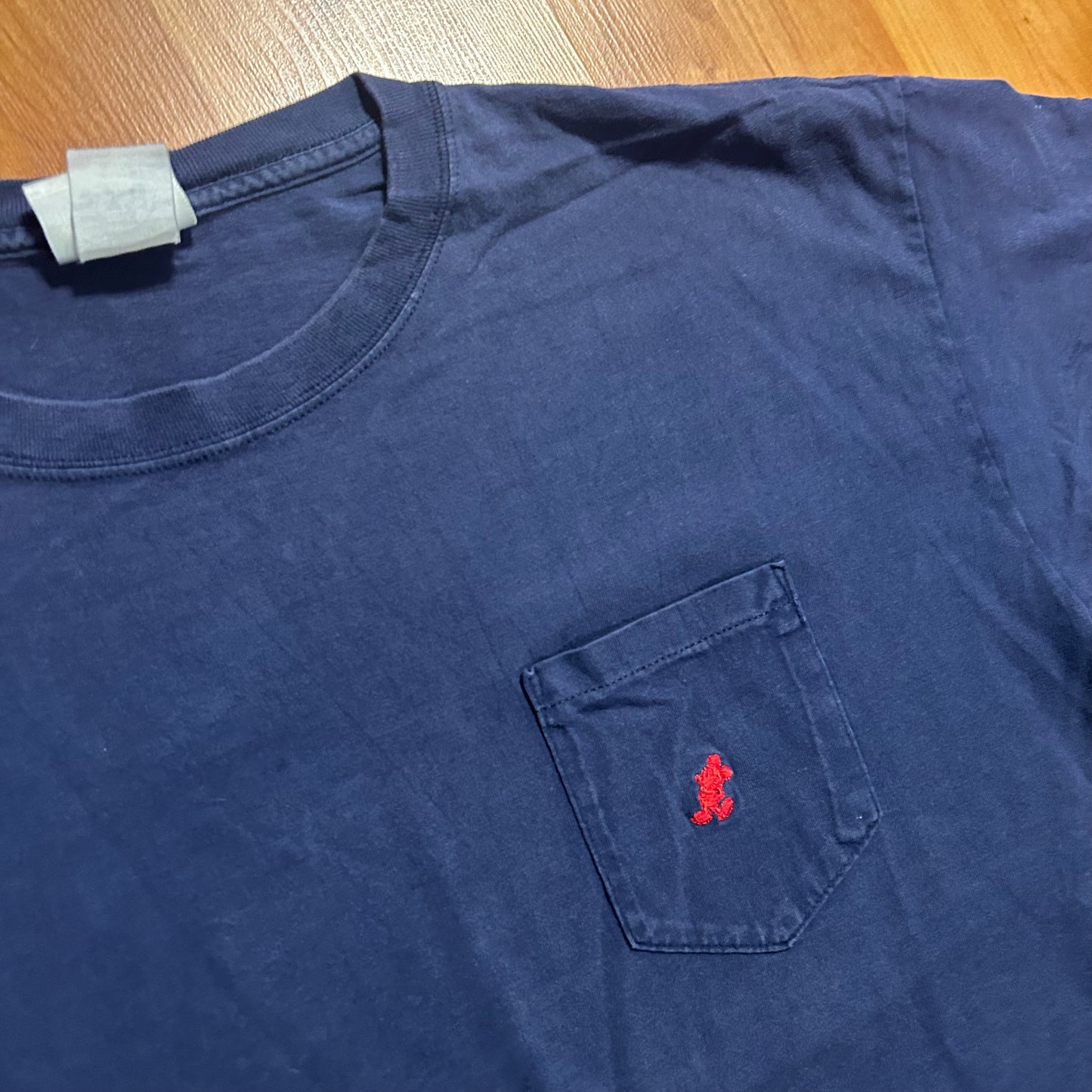 90’s Walt Disney World Embroidered Red Mickey Mouse Silhouette Navy Blue Pocket Tshirt - XLarge - 24" x 29"