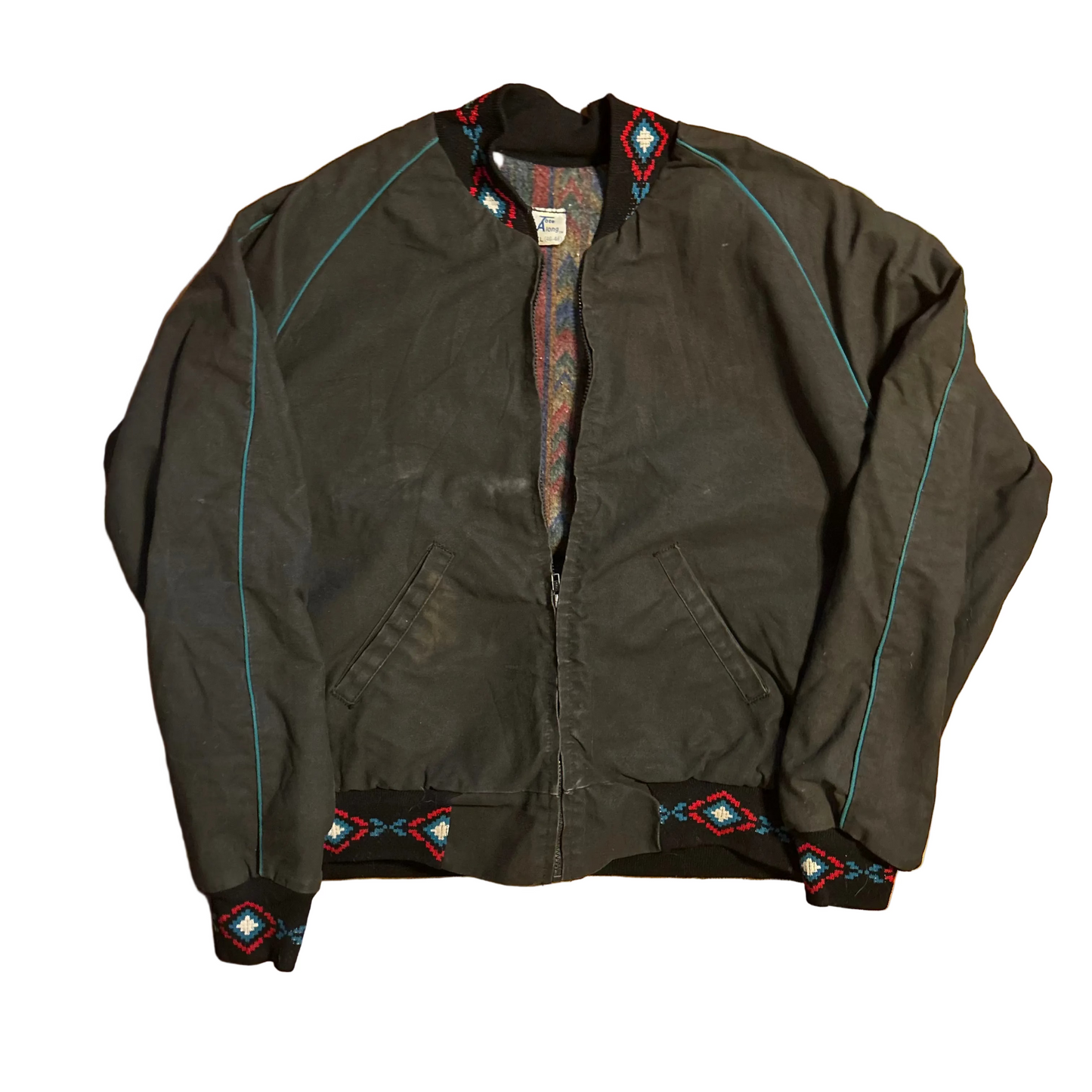 80/90's Tote Along Blanket Lined Black Teal Zip Up Bomber Jacket Coat - XLarge - 25" x 25"