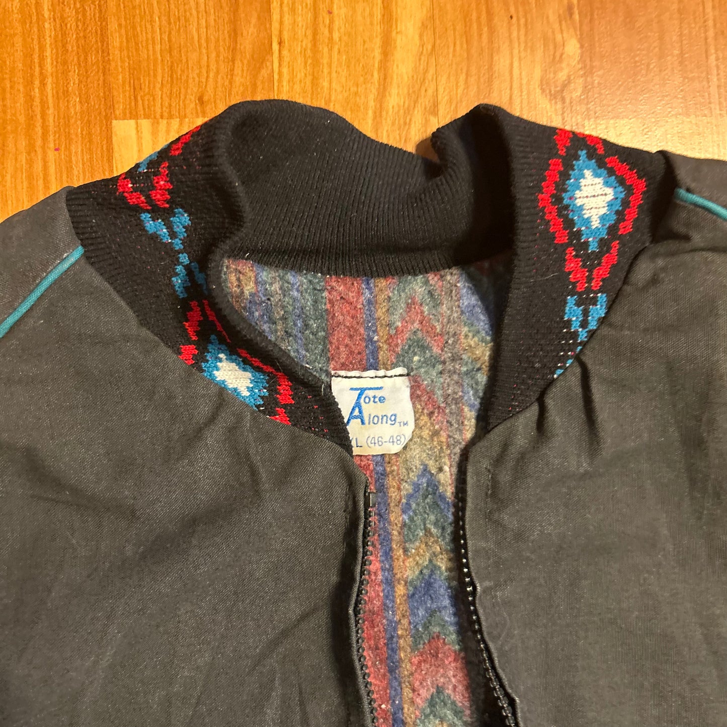 80/90's Tote Along Blanket Lined Black Teal Zip Up Bomber Jacket Coat - XLarge - 25" x 25"