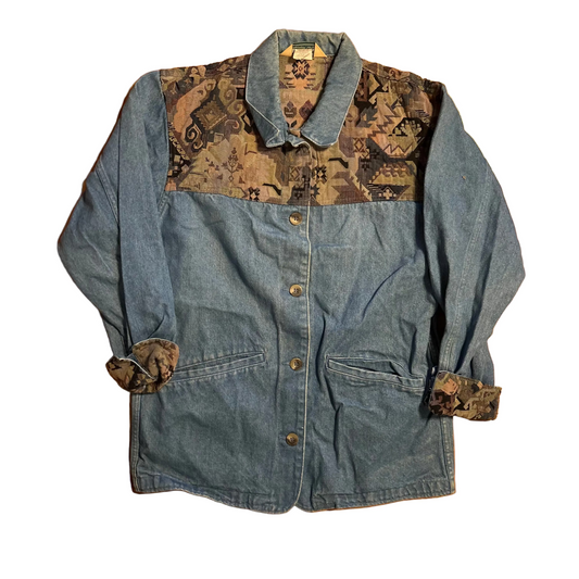 90's LL Bean Carpet Embroidered Denim Button Up Jean Jacket - Medium - 21.5" x 28"