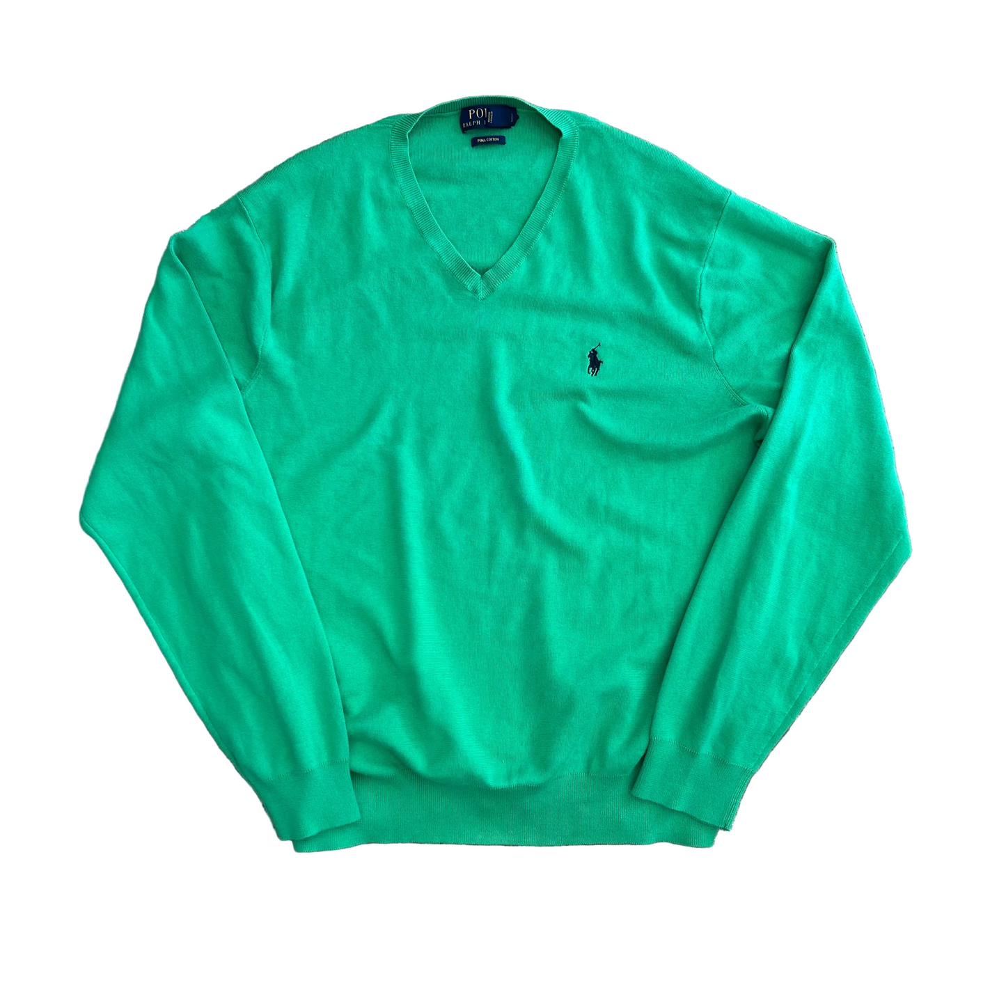 Polo RalPH Lauren Pima Cotton Green V Neck Sweater - Large - 23" x 26"