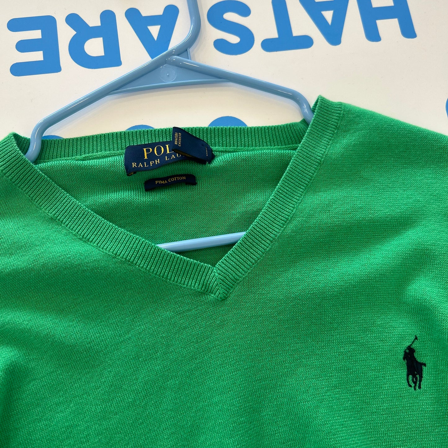 Polo RalPH Lauren Pima Cotton Green V Neck Sweater - Large - 23" x 26"