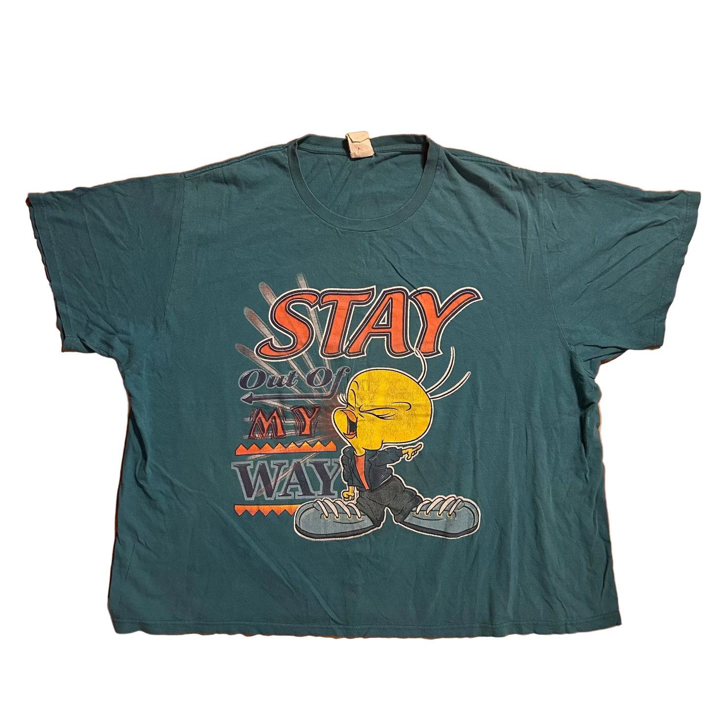 00’s Looney Tunes Tweety Bird Sylvester Stay Out Of My Way Alright Teal Tshirt - XLarge - 28.5" x 29"