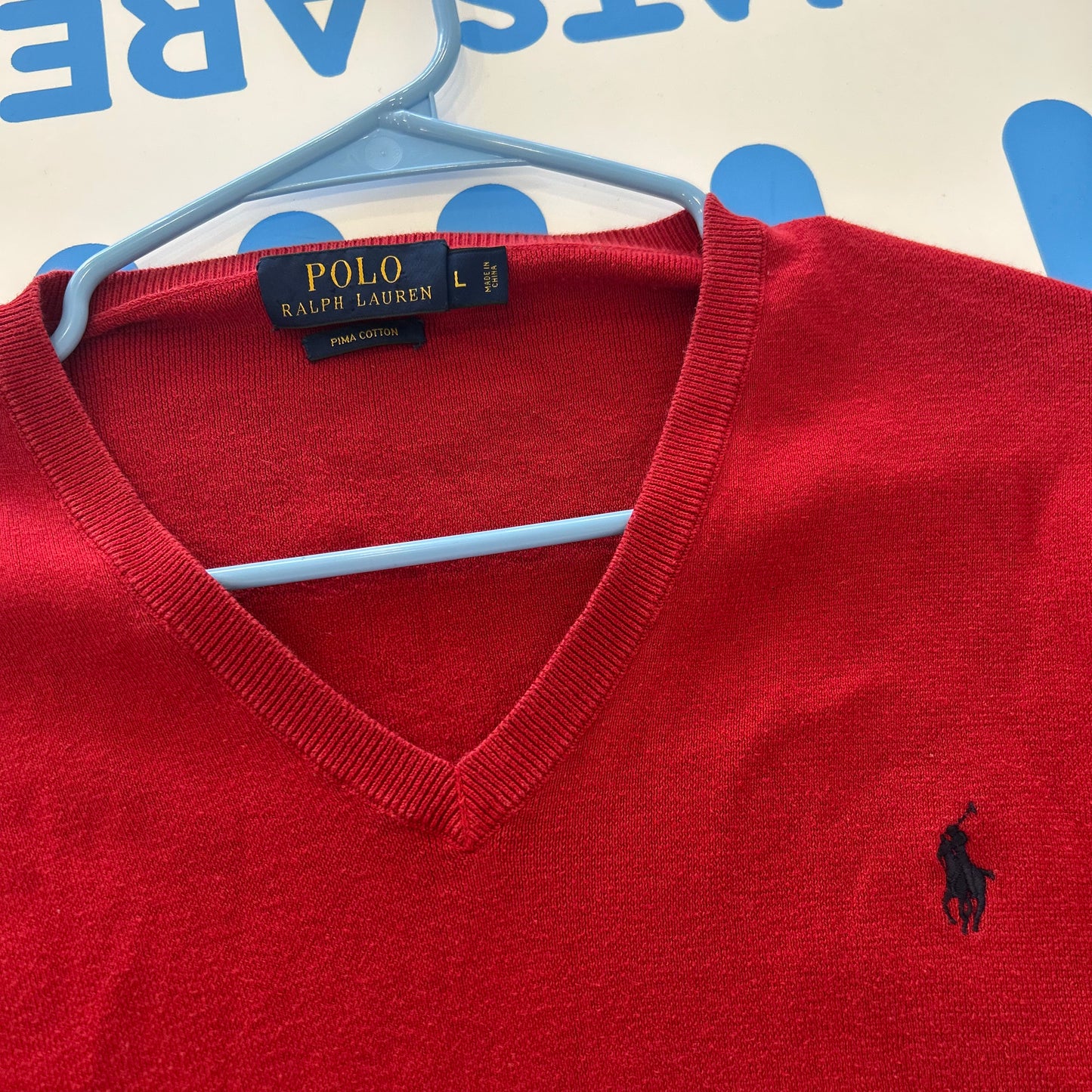 Polo RalPH Lauren Pima Cotton Red V Neck Sweater - Large - 23" x 26"