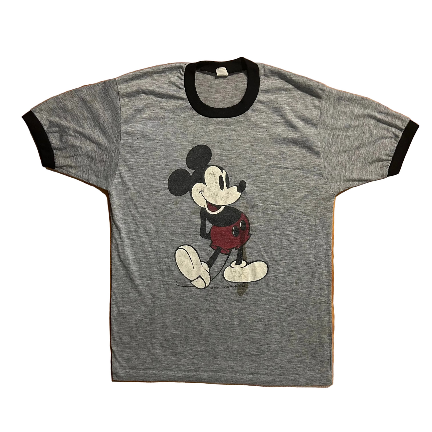 80’s Disney Mickey Mouse Gray Paper Thin Ringer Tshirt - Medium - 20" x 28"