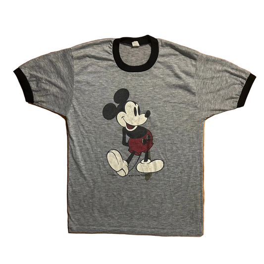 80’s Disney Mickey Mouse Gray Paper Thin Ringer Tshirt - Medium - 20" x 28"
