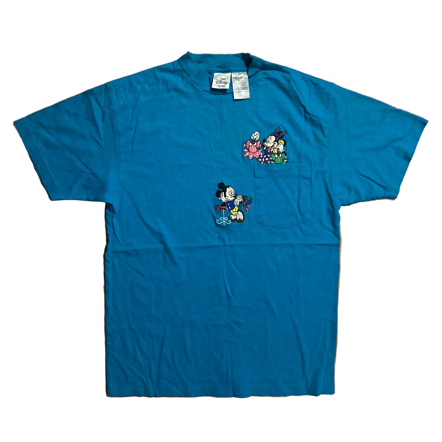 Disney Mickey Minnie Mouse Date Embroidered Teal Blue Pocket Tshirt - Small - 19" x 27"