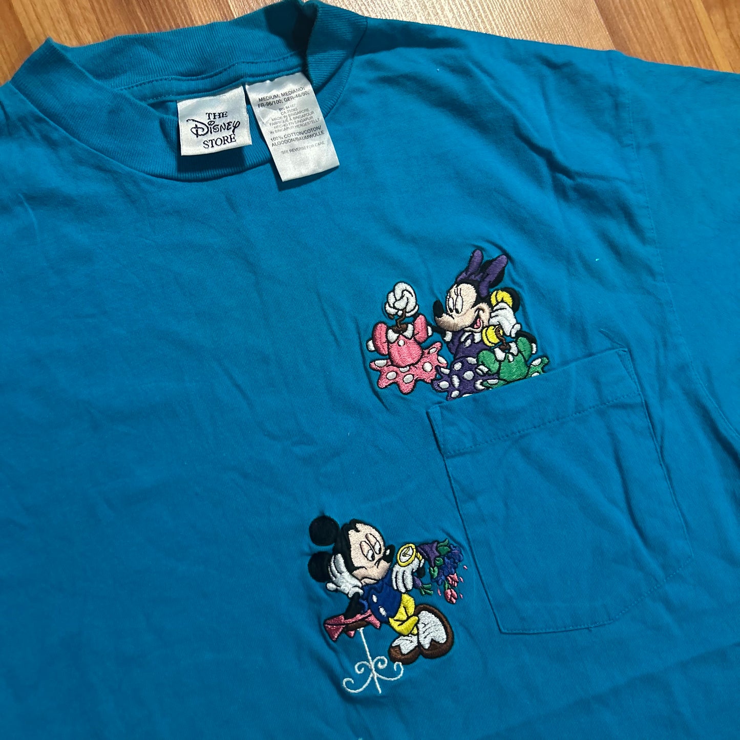 Disney Mickey Minnie Mouse Date Embroidered Teal Blue Pocket Tshirt - Small - 19" x 27"