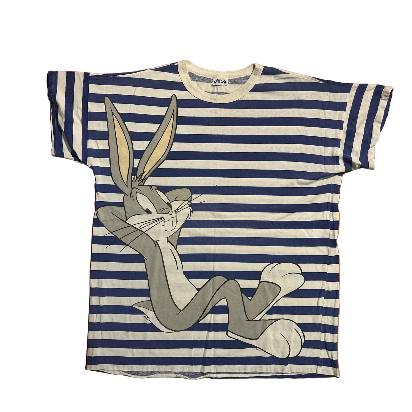 80/90’s Flirts Looney Tunes Bugs Bunny White Blue Striped Tshirt - Large - 23.5" x 29.5"