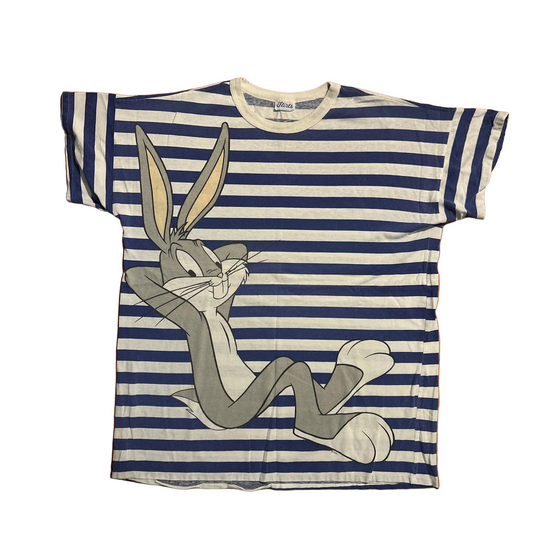 80/90’s Flirts Looney Tunes Bugs Bunny White Blue Striped Tshirt - Large - 23.5" x 29.5"