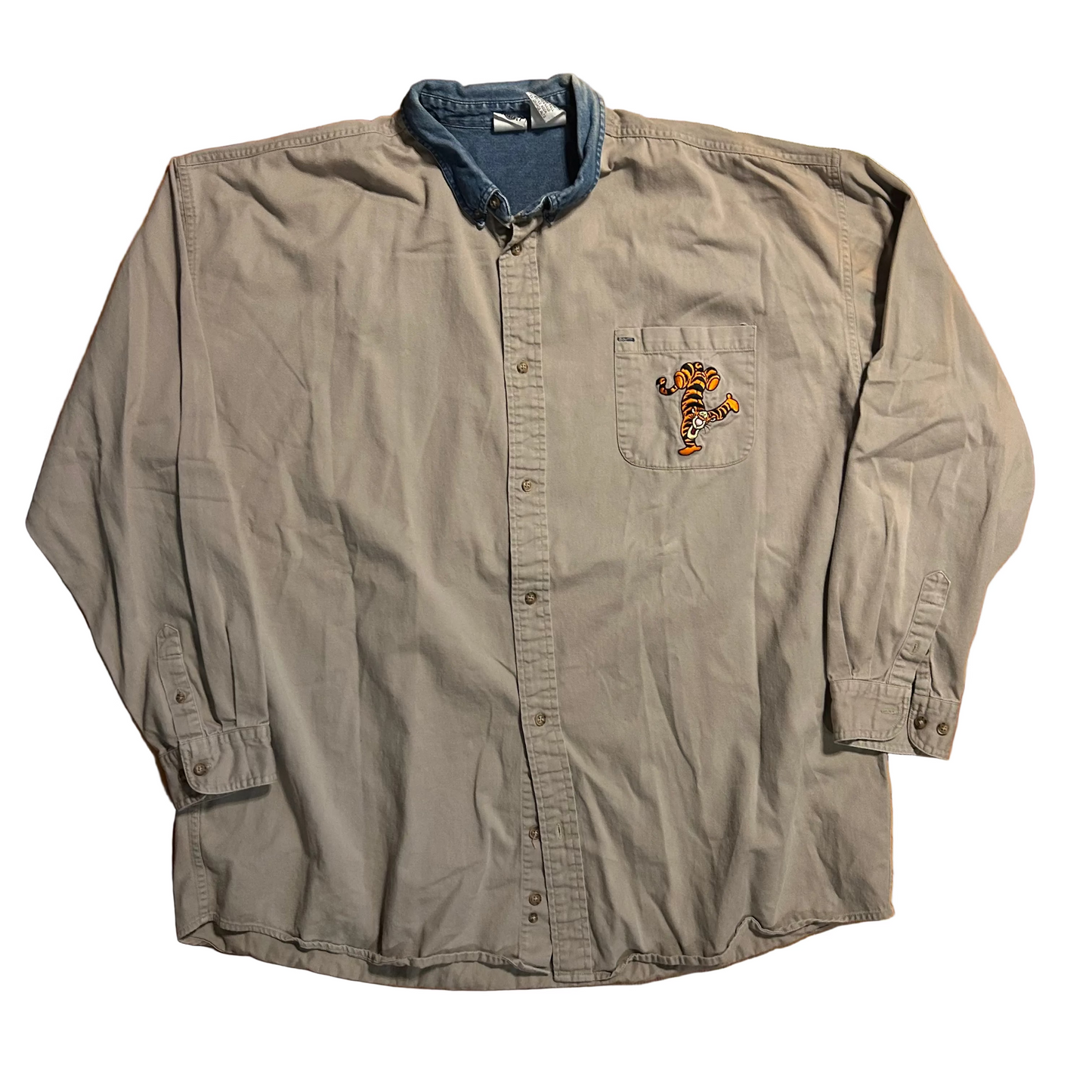 Disney Tigger Embroidered Brown Denim Button Up Collared Shirt - XLarge - 27.5" x 34"