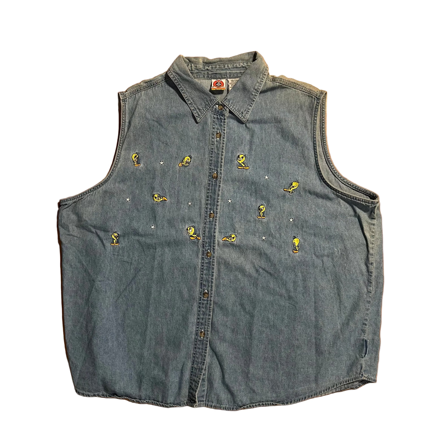 00’s Looney Tunes Tweety Bird Embroidered Denim Button Up Collared Tanktop Sleeveless Shirt - XLarge - 28" x 29"