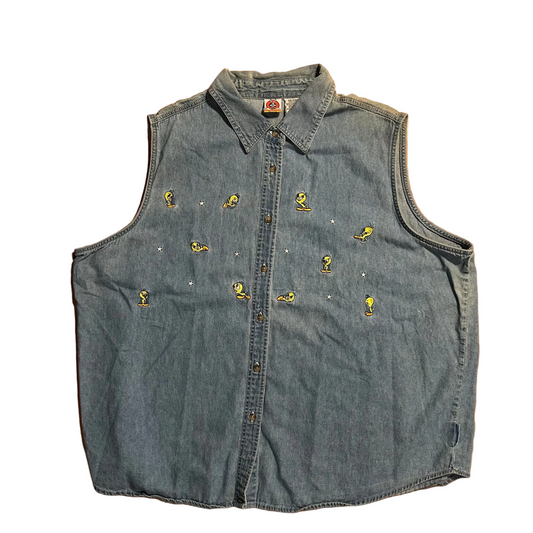 00’s Looney Tunes Tweety Bird Embroidered Denim Button Up Collared Tanktop Sleeveless Shirt - XLarge - 28" x 29"