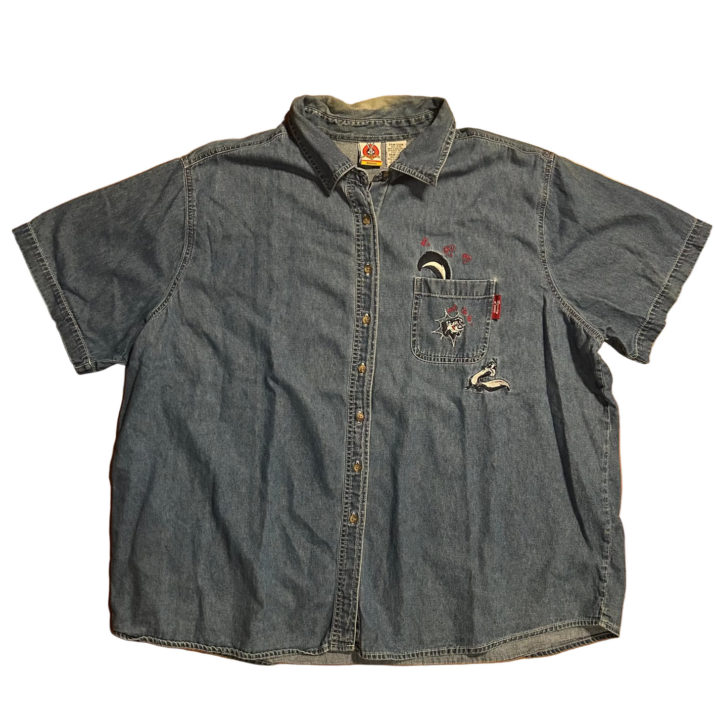 00’s Looney Tunes Pepe Le Pew Embroidered Denim Button Up Shirt - XLarge - 29" x 30"
