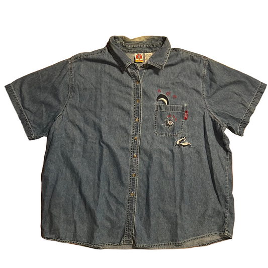 00’s Looney Tunes Pepe Le Pew Embroidered Denim Button Up Shirt - XLarge - 29" x 30"