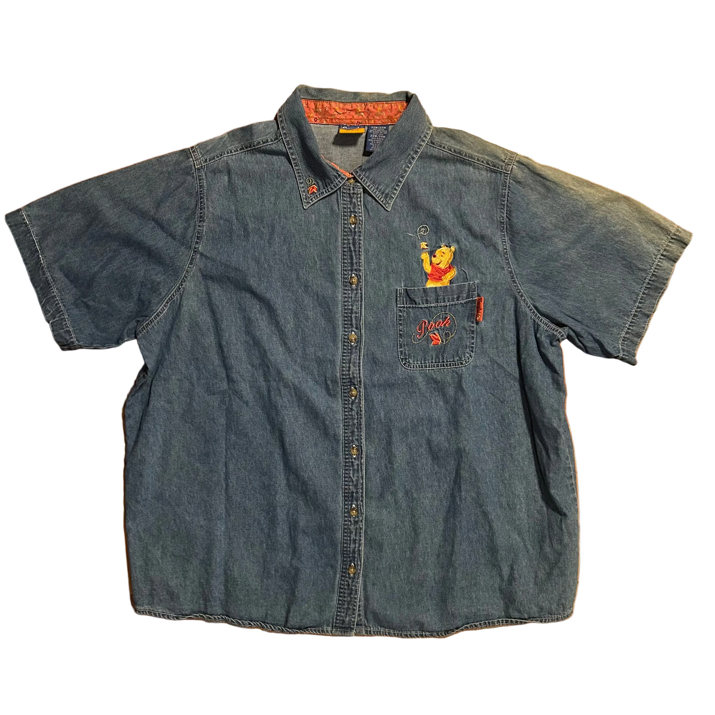 Disney Winnie the Pooh Embroidered Denim Button Up Collared Shirt - XLarge - 26" x 28.5"