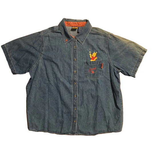 Disney Winnie the Pooh Embroidered Denim Button Up Collared Shirt - XLarge - 26" x 28.5"