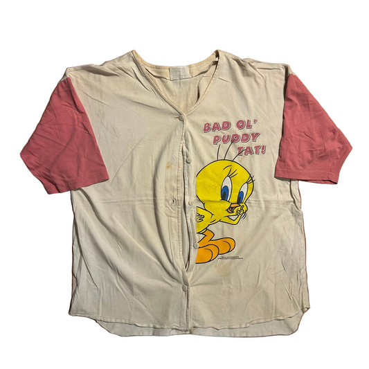 90’s Looney Tunes Tweety Bird White Pink Baseball Jersey Shirt - XLarge - 24.5" x 29"