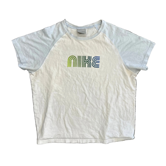 00's Nike Spellout Baby Blue White Tshirt - Medium - 20" x 22"