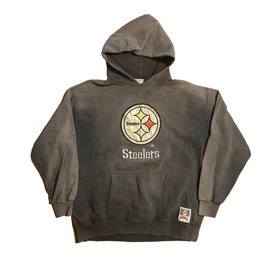90's Nutmeg Pittsburgh Steelers NFL Faded Black Grey Hoodie Sweatshirt - XLarge - 24" x 27"