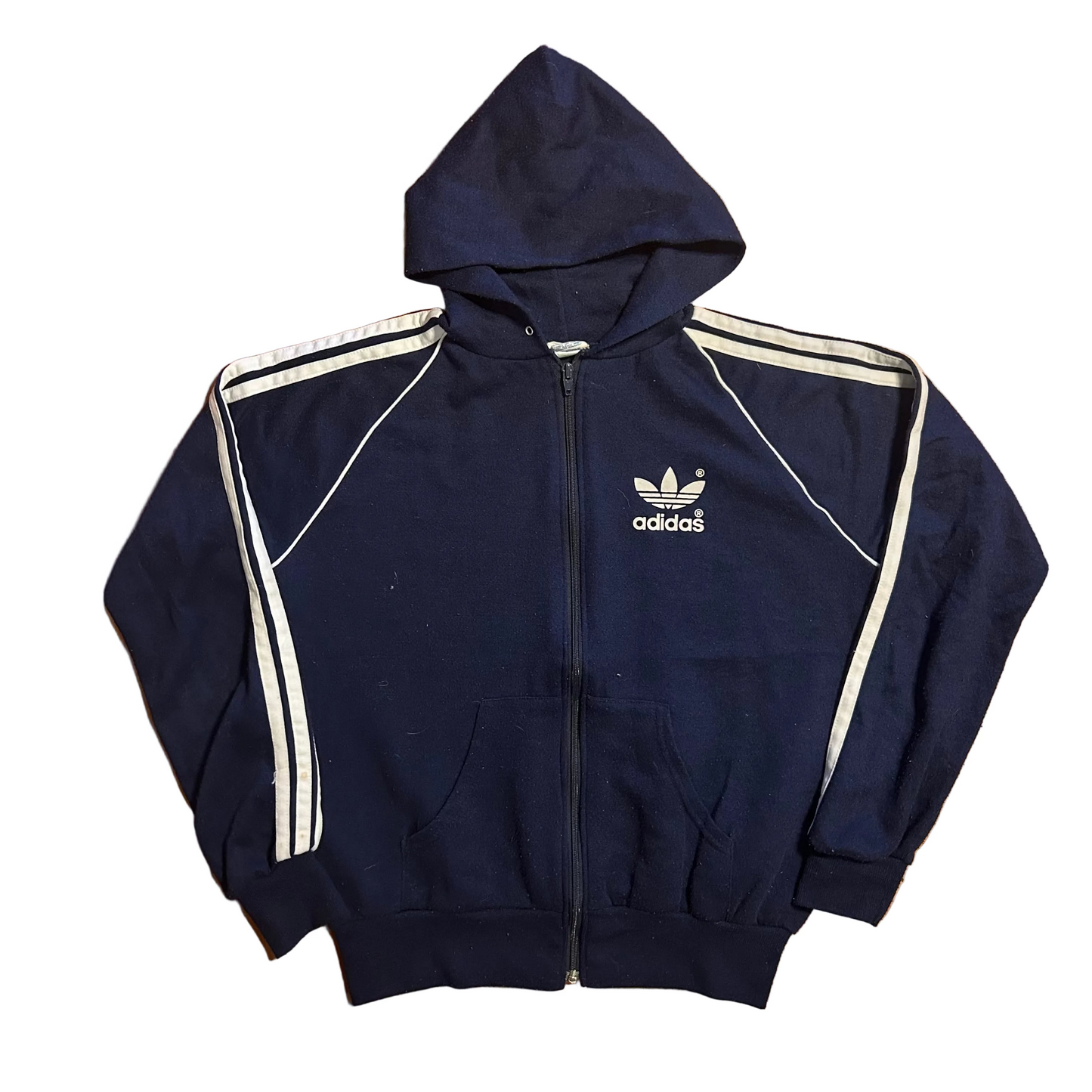 80's Adidas Navy Blue Striped Zip Up Hoodie Sweatshirt - Large - 22" x 23"