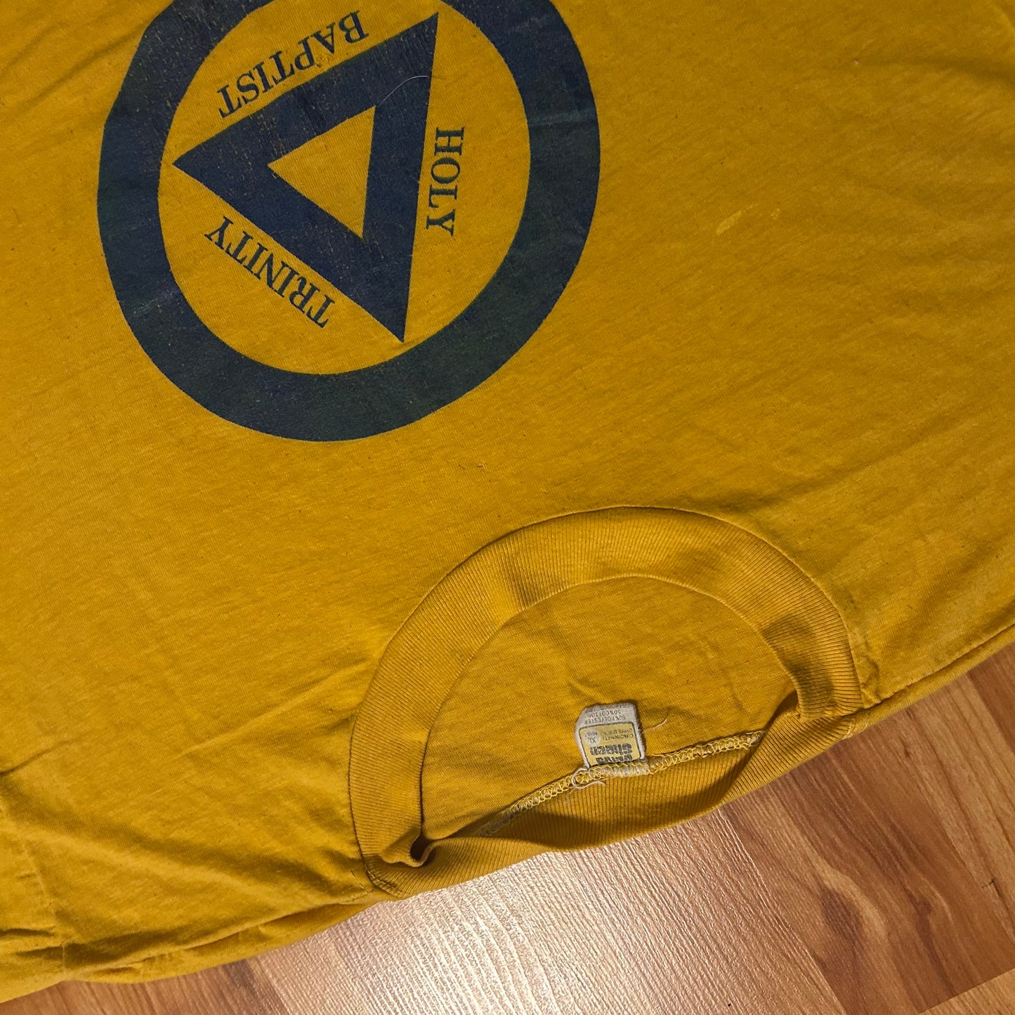70/80’s Velva Sheen Holy Trinity Baptist Yellow Paper Thin Soft Tshirt - Large - 22" x 28"