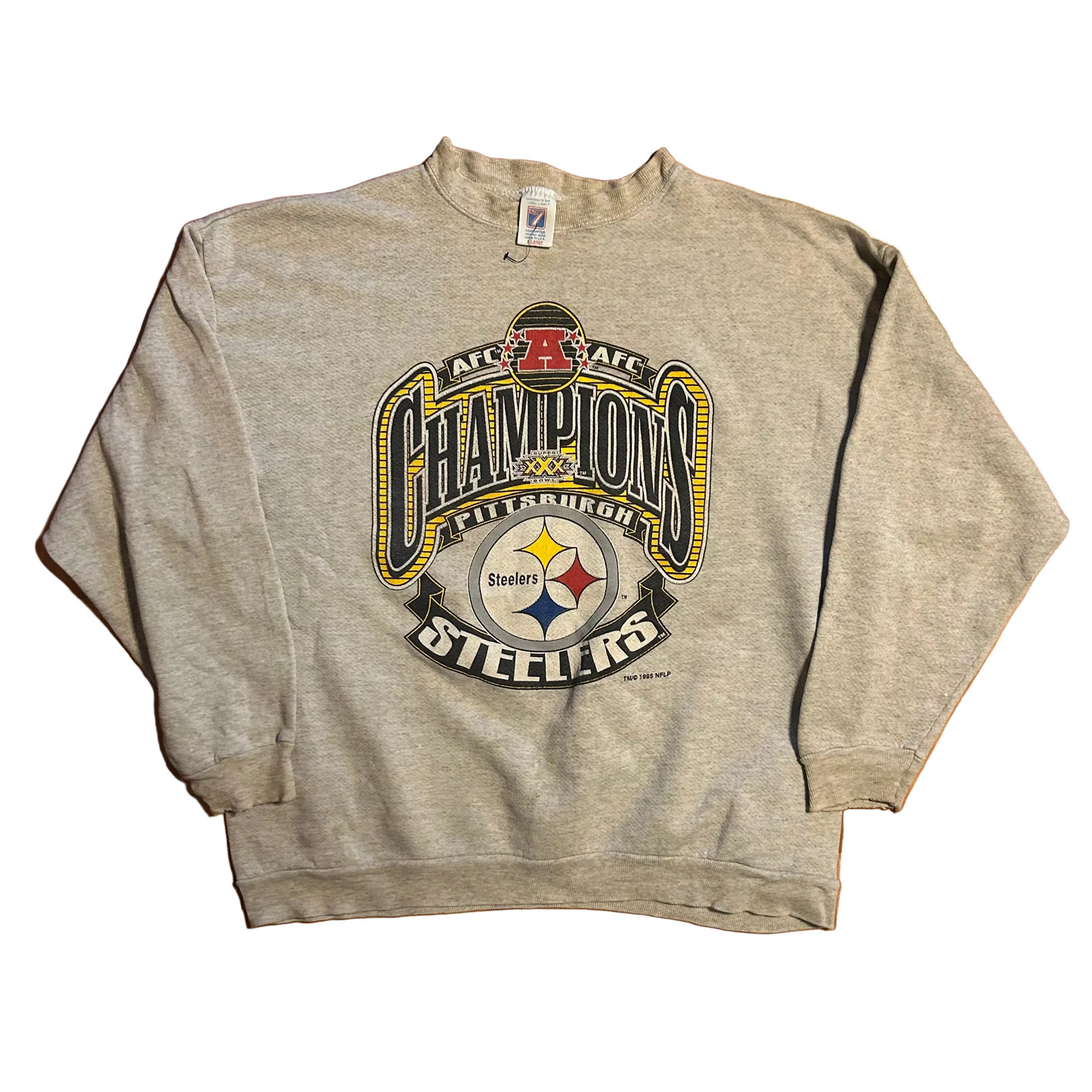 90's 7Logo Pittsburgh Steelers AFC Champions NFL Grey Crewneck Sweatshirt - XLarge - 24" x 26.5"
