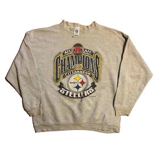 90's 7Logo Pittsburgh Steelers AFC Champions NFL Grey Crewneck Sweatshirt - XLarge - 24" x 26.5"