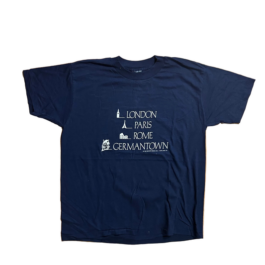 90's London Paris Germantown Navy Blue Tshirt - Large - 22" x 28"