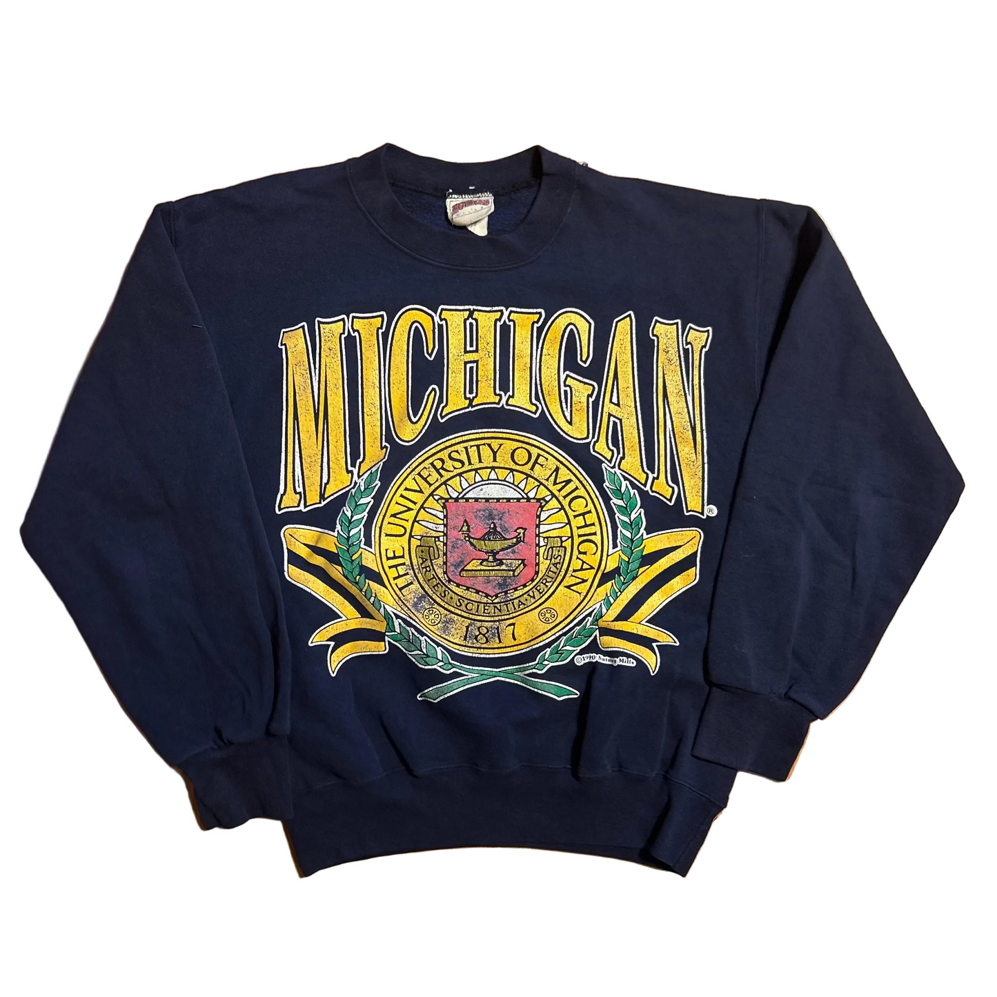 90's Nutmeg University of Michigan Navy Blue Crewneck Sweatshirt - Large - 22" x 25.5"