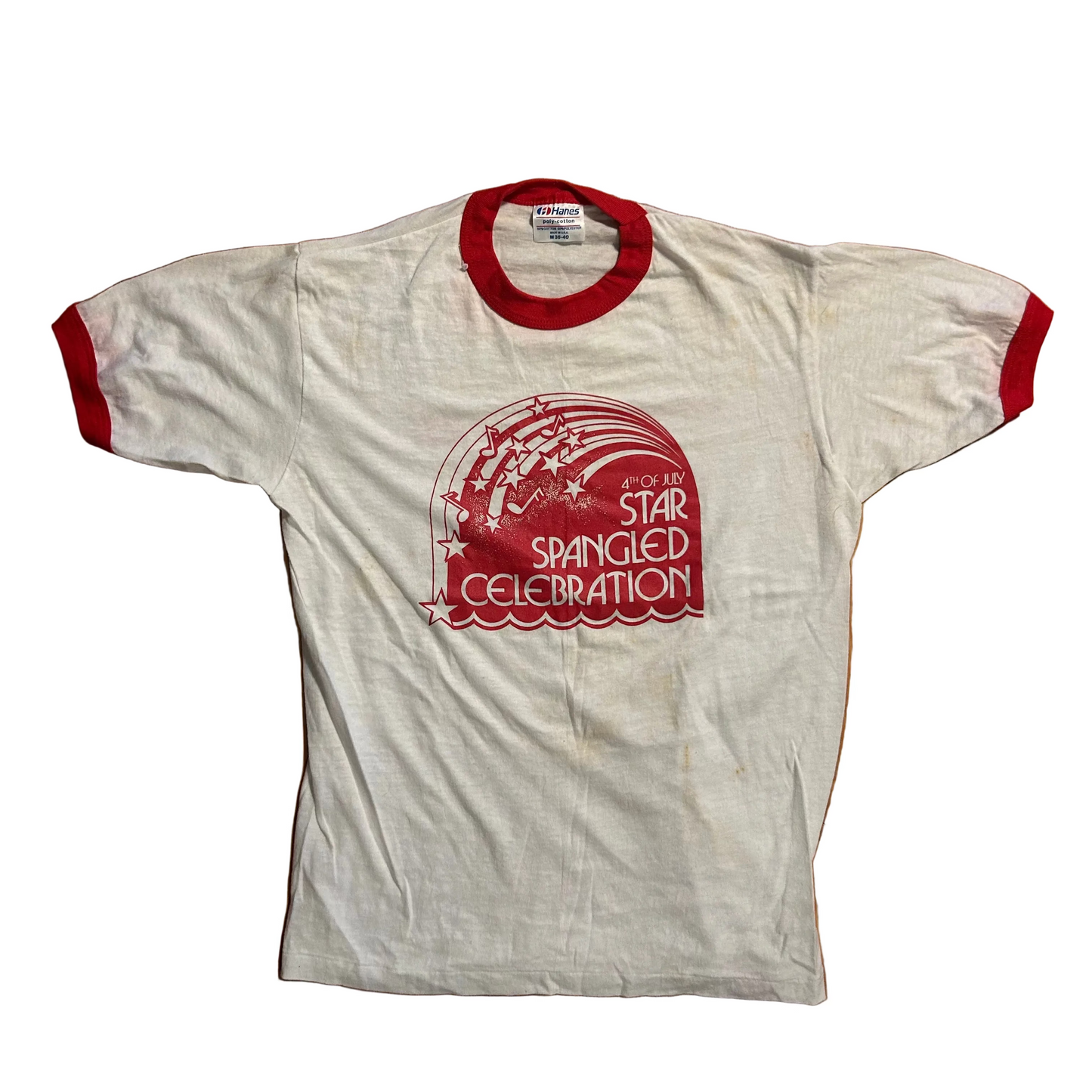80's Hanes Poly Cotton Memphis Arts Council July 4th Star Spangled Celebration White Red Ringer Tshirt - Small - 18" x 24"