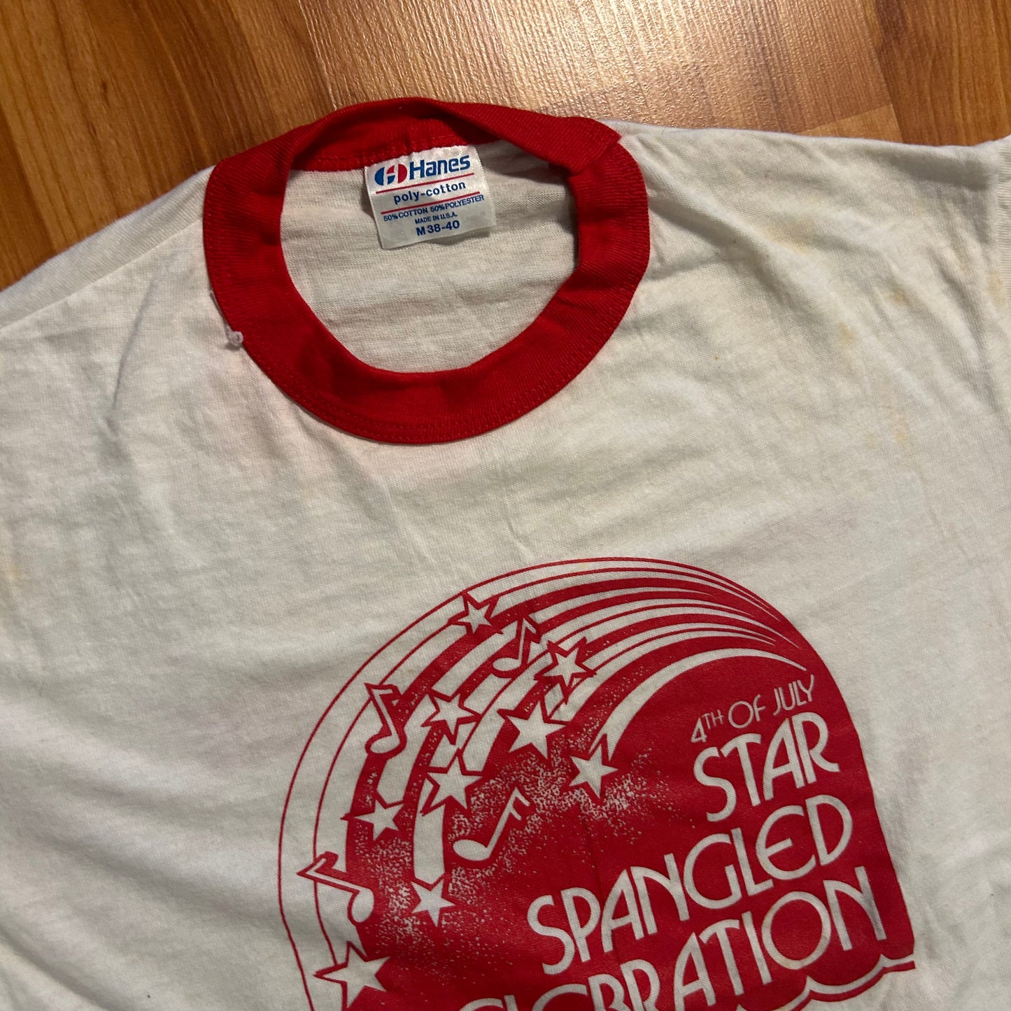 80's Hanes Poly Cotton Memphis Arts Council July 4th Star Spangled Celebration White Red Ringer Tshirt - Small - 18" x 24"