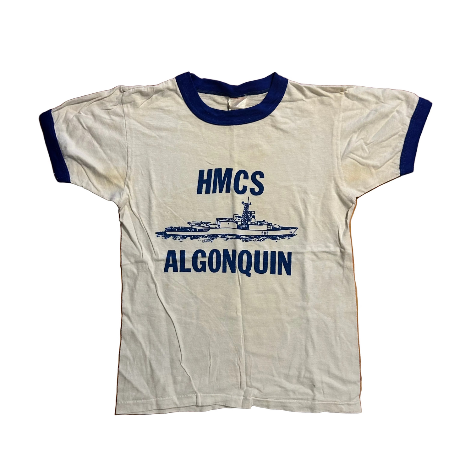 80’s HMCS Algonquin DDG 283 Canadian Naval Destroyer Blue White Ringer Tshirt - XSmall - 16" x 22"