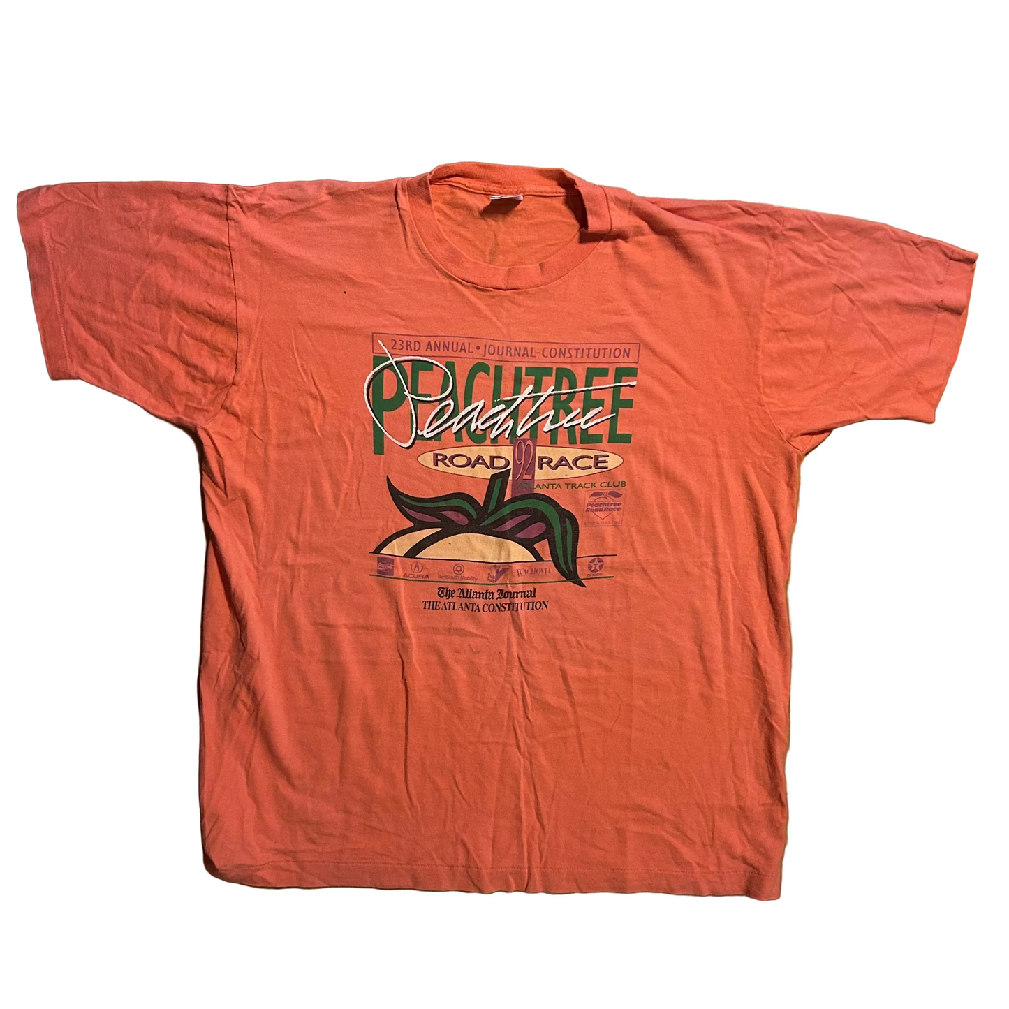 90's FOTL Atlanta Peachtree Road Race Peach Orange Pink Tshirt - XLarge - 24.5" x 28"