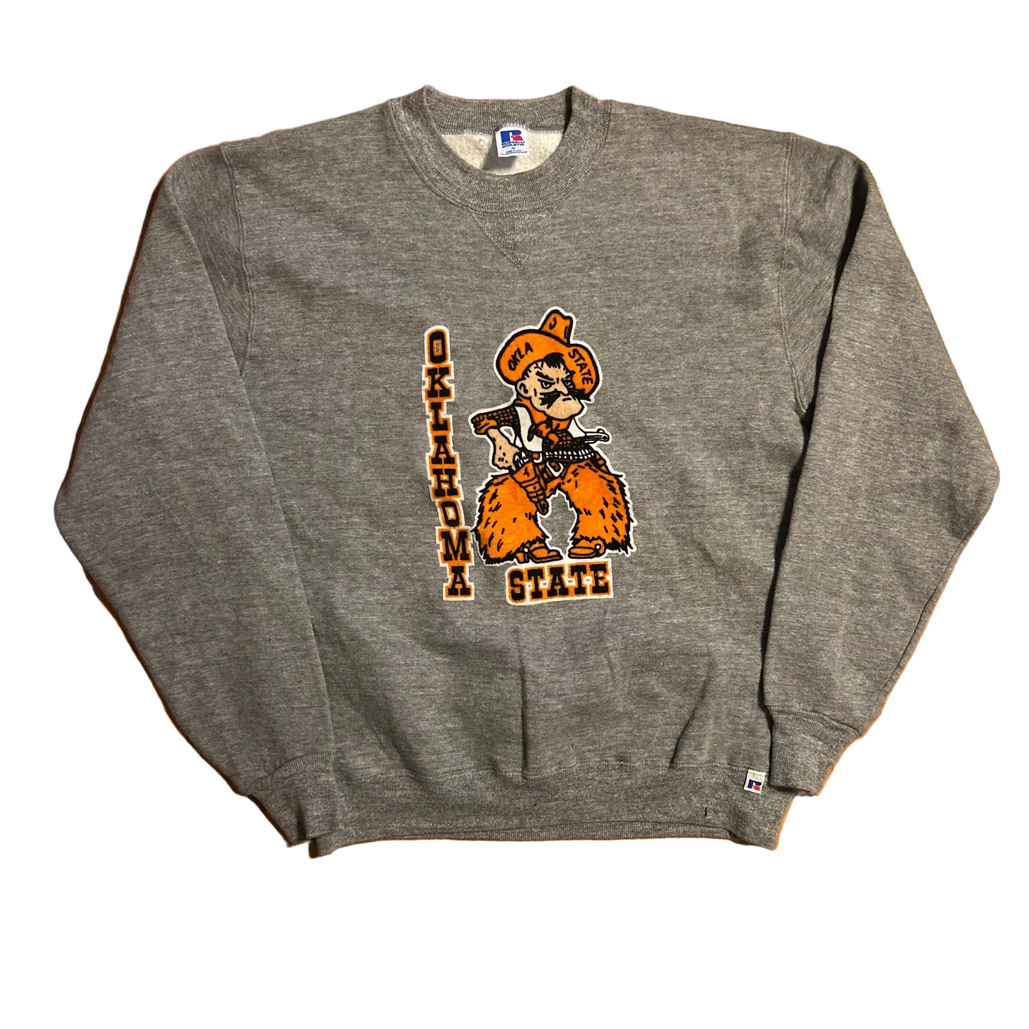 80's Russell Athletics Oklahoma State University Grey Crewneck Sweatshirt - Medium - 21" x 25.5"