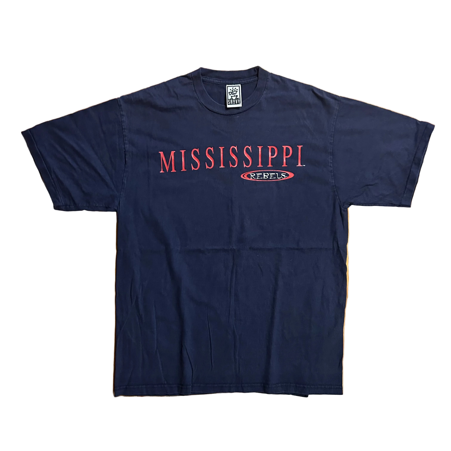 90’s Savvy Mississippi Rebels Ole Miss Navy Blue Tshirt - Medium - 21.5" x 29.5"