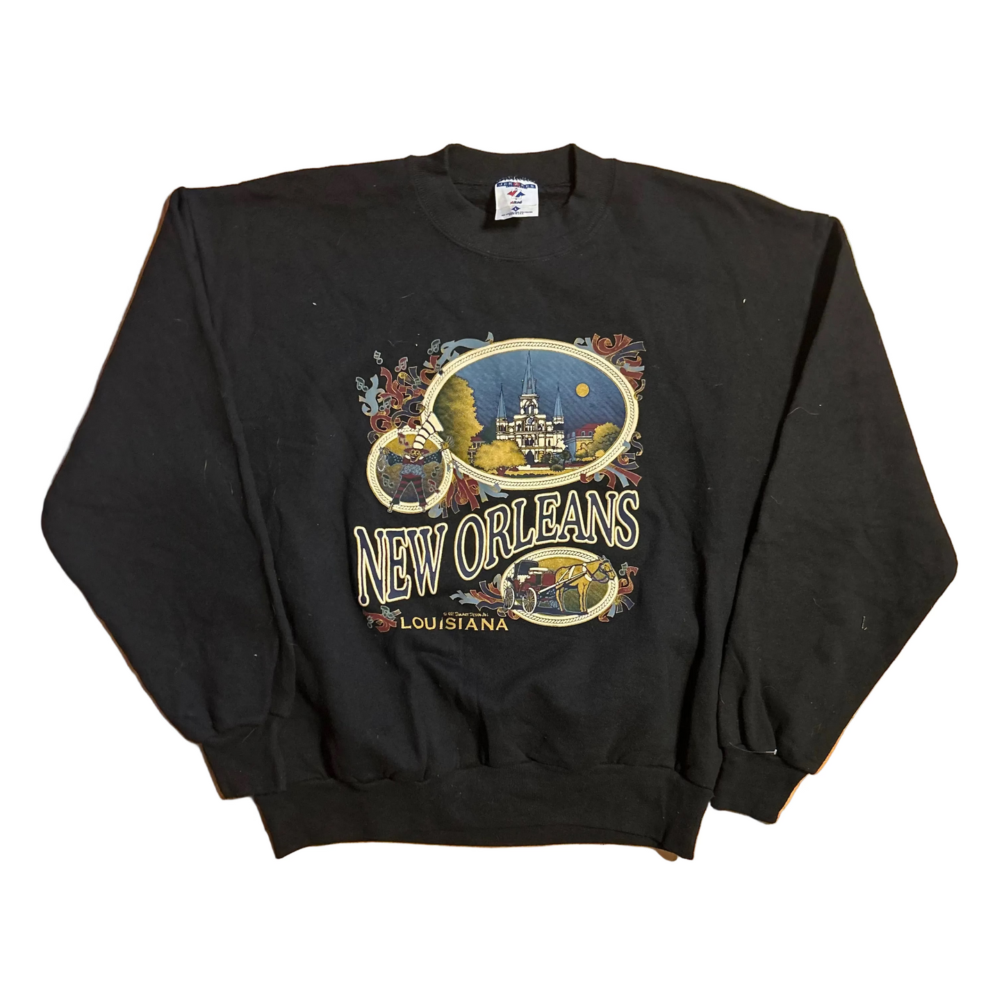 90's Jerzees New Orleans Black Crewneck Sweatshirt - Large - 23" x 26"