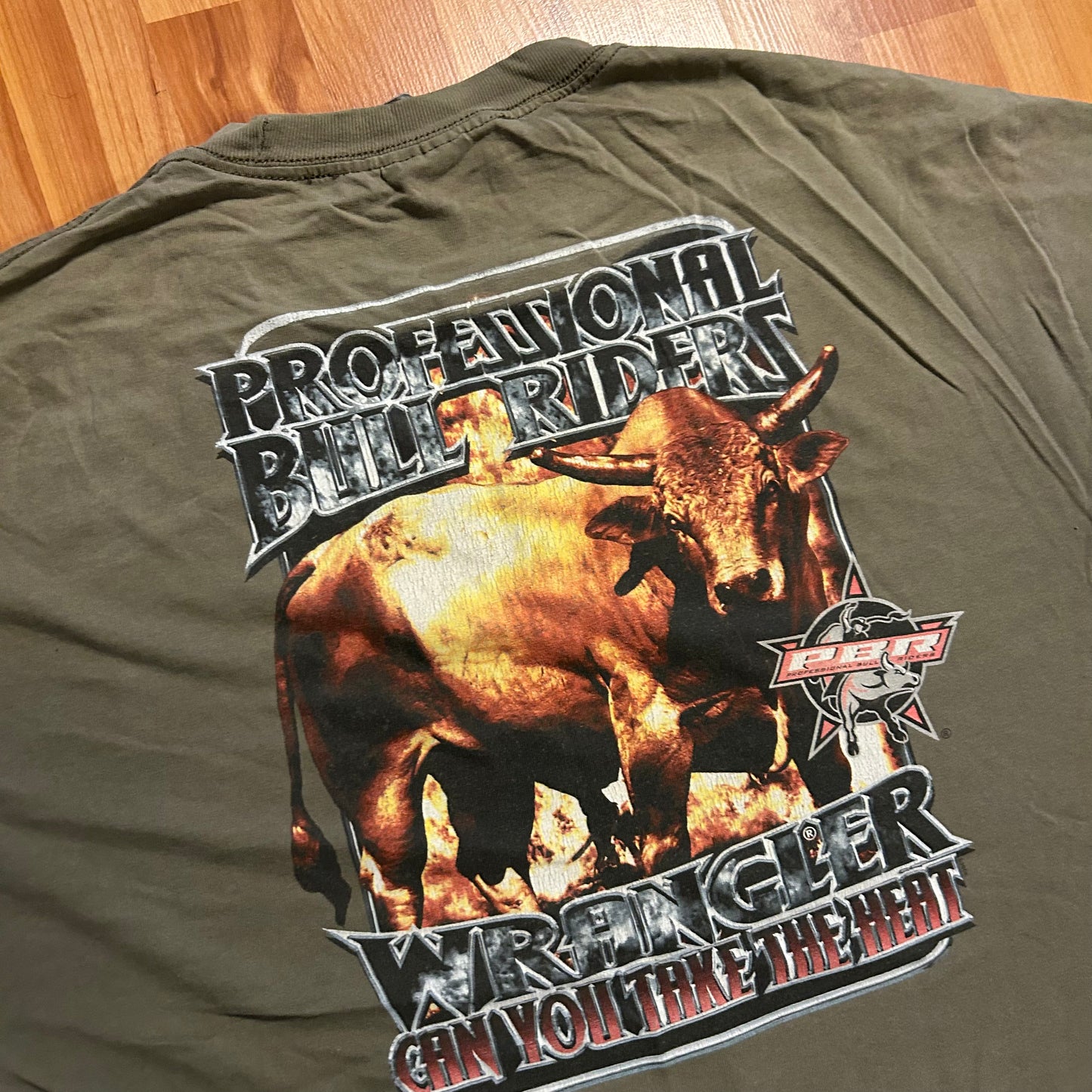 Can You Take the Heat Professional Bull Rider Wrangler Green Tshirt - XLarge - 24" x 30"