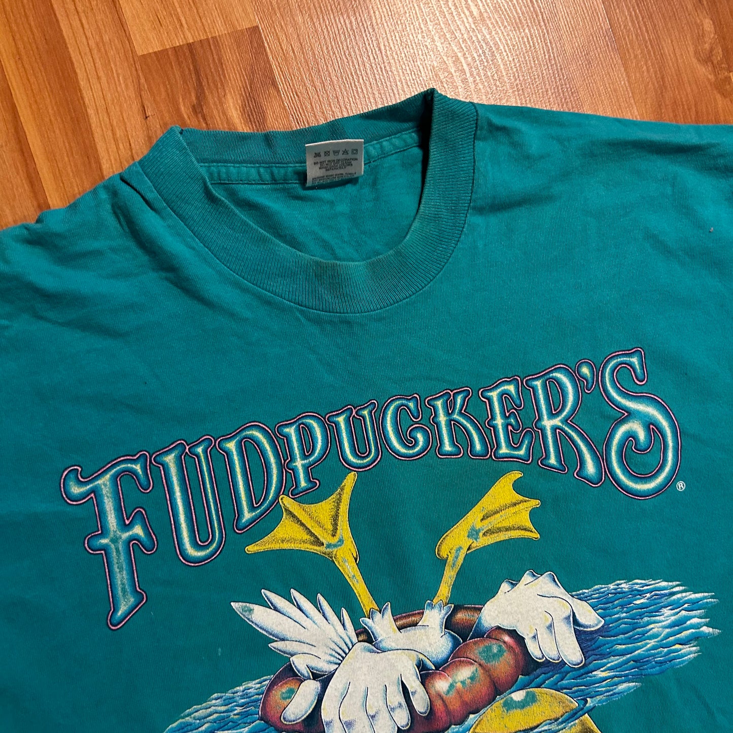 90’s FOTL Fudpucker’s Destin Florida Pucker Up Teal Blue Green Tshirt - Medium - 21" x 29"