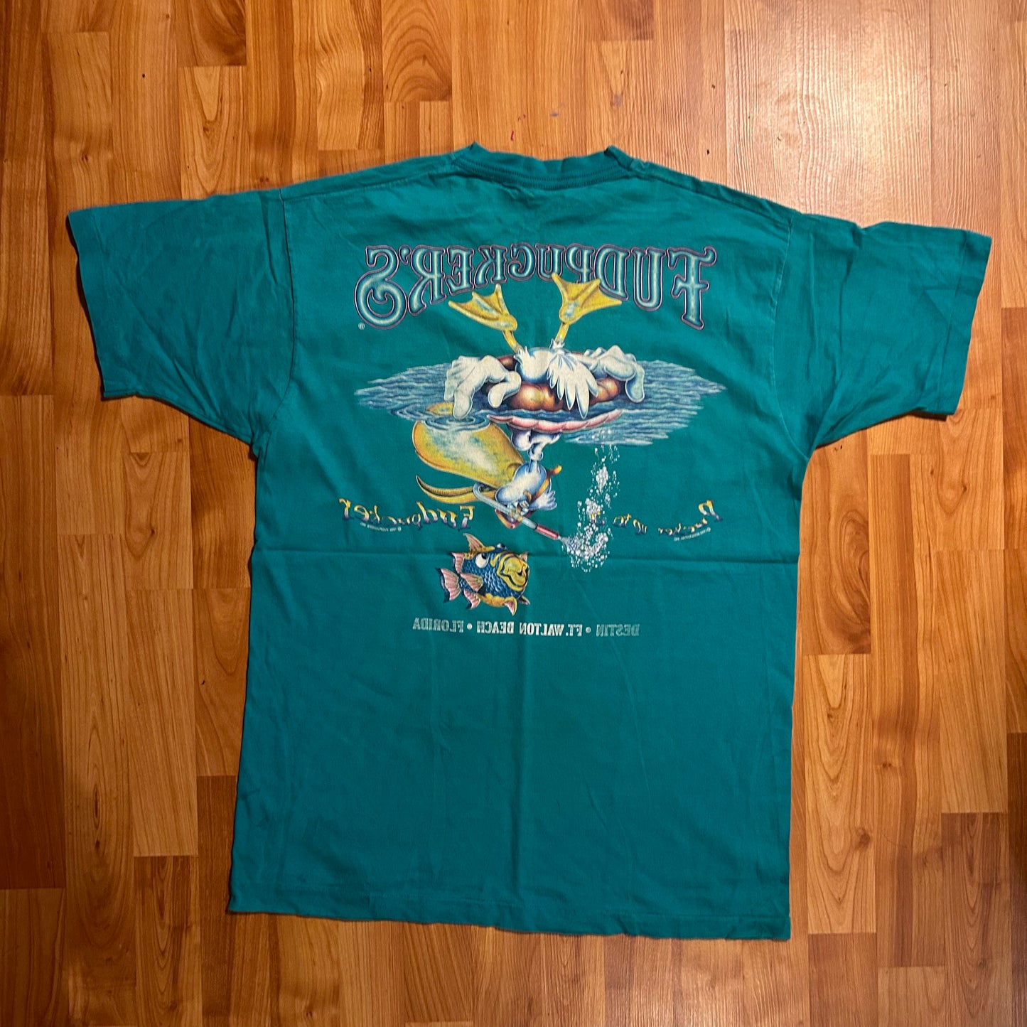 90’s FOTL Fudpucker’s Destin Florida Pucker Up Teal Blue Green Tshirt - Medium - 21" x 29"