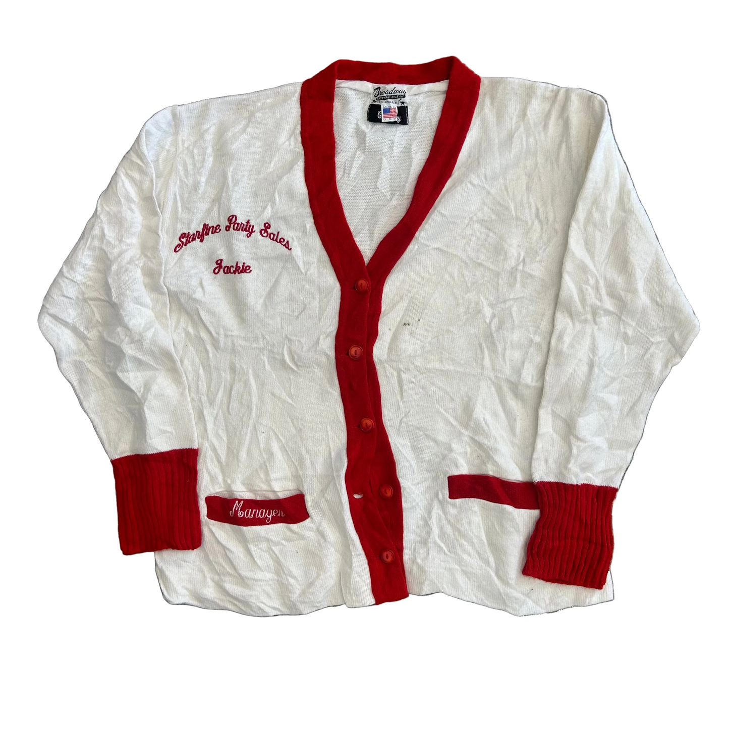 Broadway Knitting Mills Starfire Party Sales Manager Jackie White Red Cardigan Sweater - XLarge - 24" x 26"