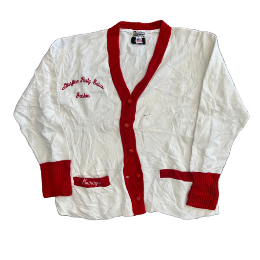 Broadway Knitting Mills Starfire Party Sales Manager Jackie White Red Cardigan Sweater - XLarge - 24" x 26"