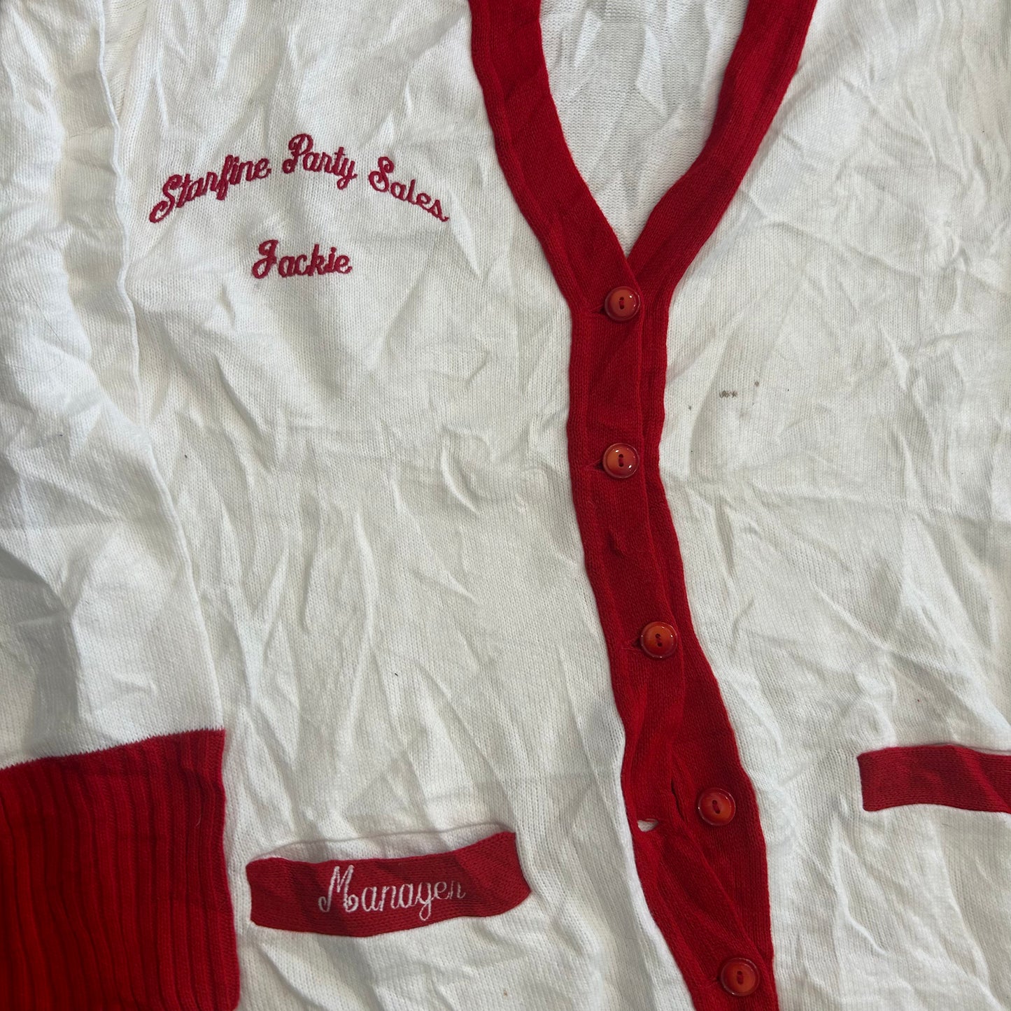 Broadway Knitting Mills Starfire Party Sales Manager Jackie White Red Cardigan Sweater - XLarge - 24" x 26"