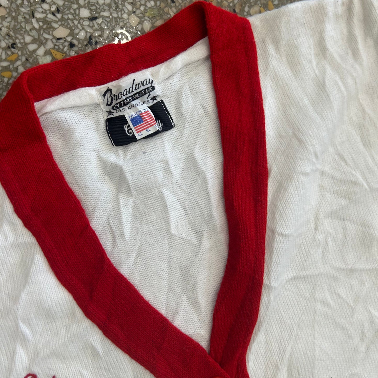 Broadway Knitting Mills Starfire Party Sales Manager Jackie White Red Cardigan Sweater - XLarge - 24" x 26"